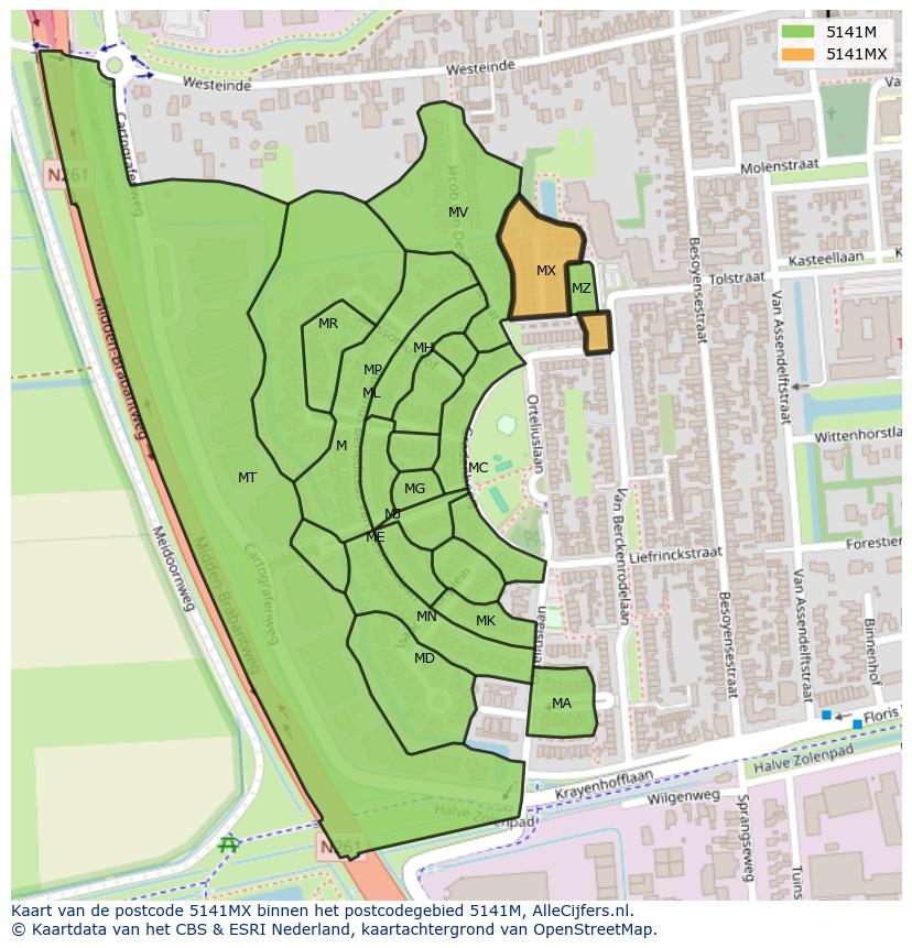 Afbeelding van het postcodegebied 5141 MX op de kaart.