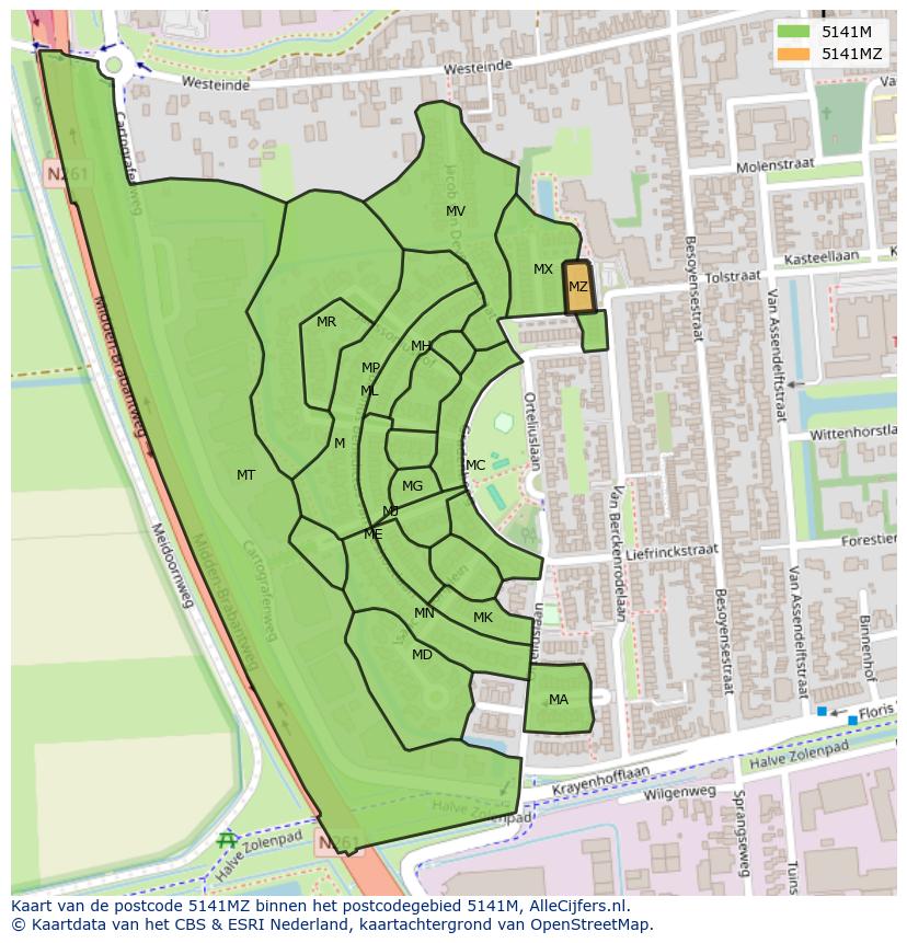 Afbeelding van het postcodegebied 5141 MZ op de kaart.