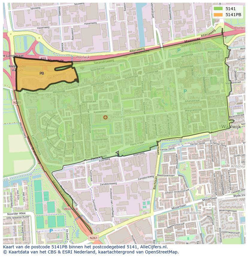Afbeelding van het postcodegebied 5141 PB op de kaart.