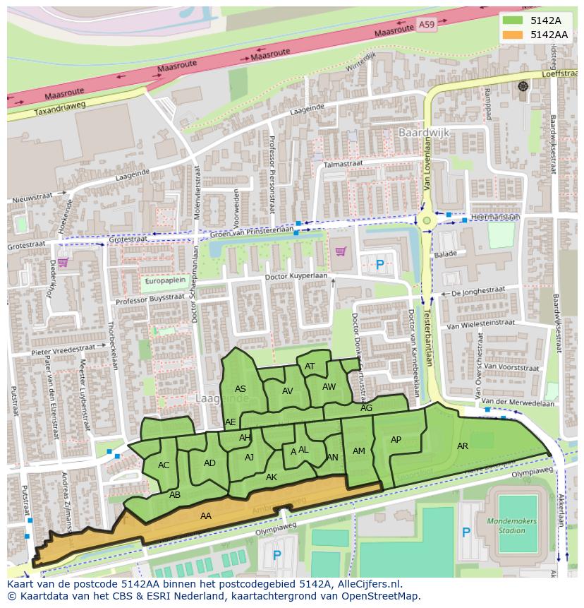 Afbeelding van het postcodegebied 5142 AA op de kaart.