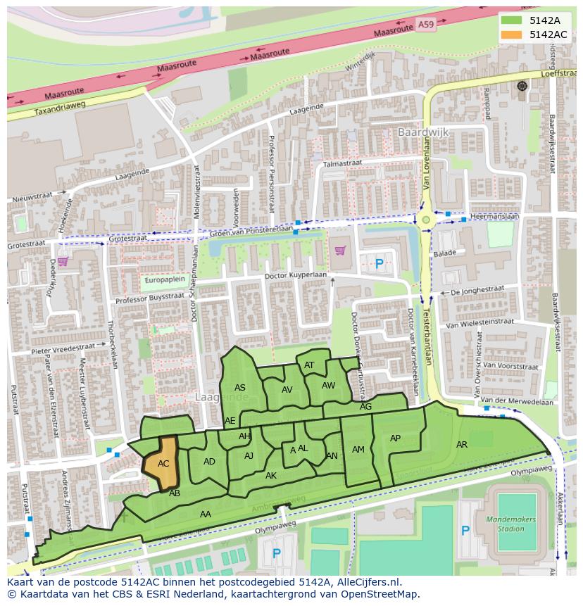 Afbeelding van het postcodegebied 5142 AC op de kaart.