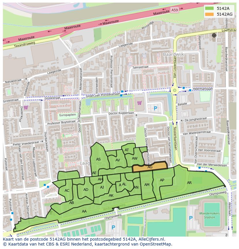 Afbeelding van het postcodegebied 5142 AG op de kaart.
