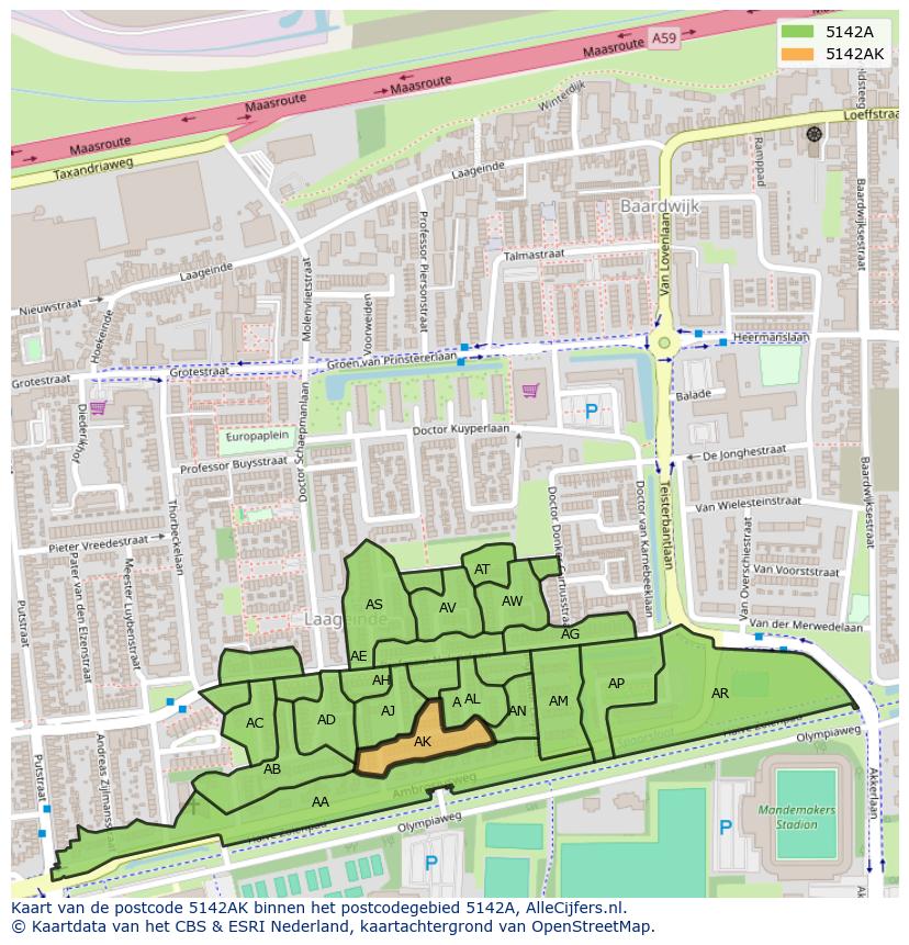 Afbeelding van het postcodegebied 5142 AK op de kaart.