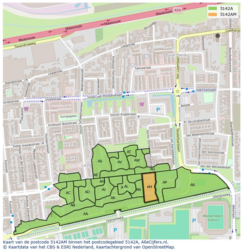 Afbeelding van het postcodegebied 5142 AM op de kaart.