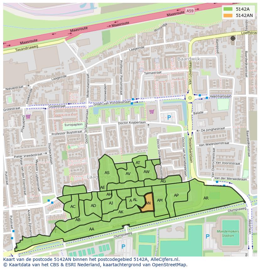 Afbeelding van het postcodegebied 5142 AN op de kaart.