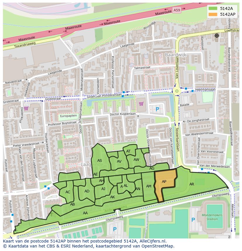 Afbeelding van het postcodegebied 5142 AP op de kaart.