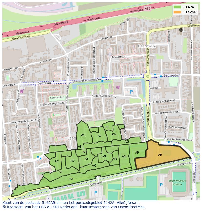 Afbeelding van het postcodegebied 5142 AR op de kaart.