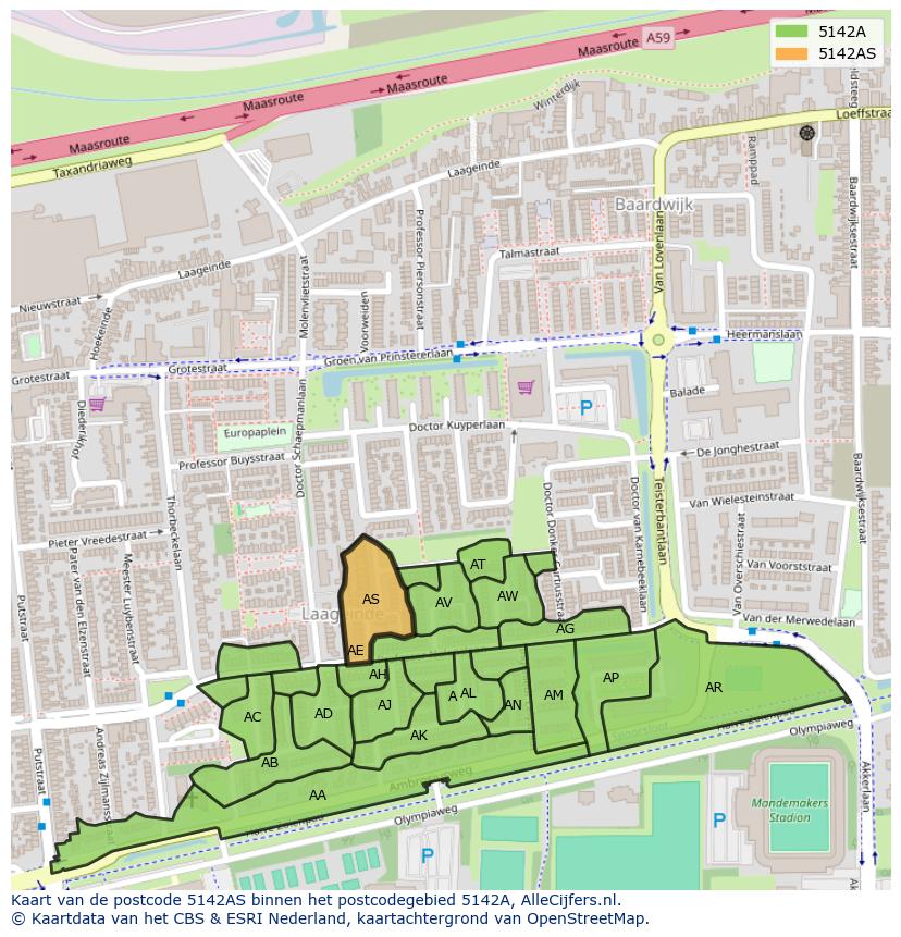 Afbeelding van het postcodegebied 5142 AS op de kaart.