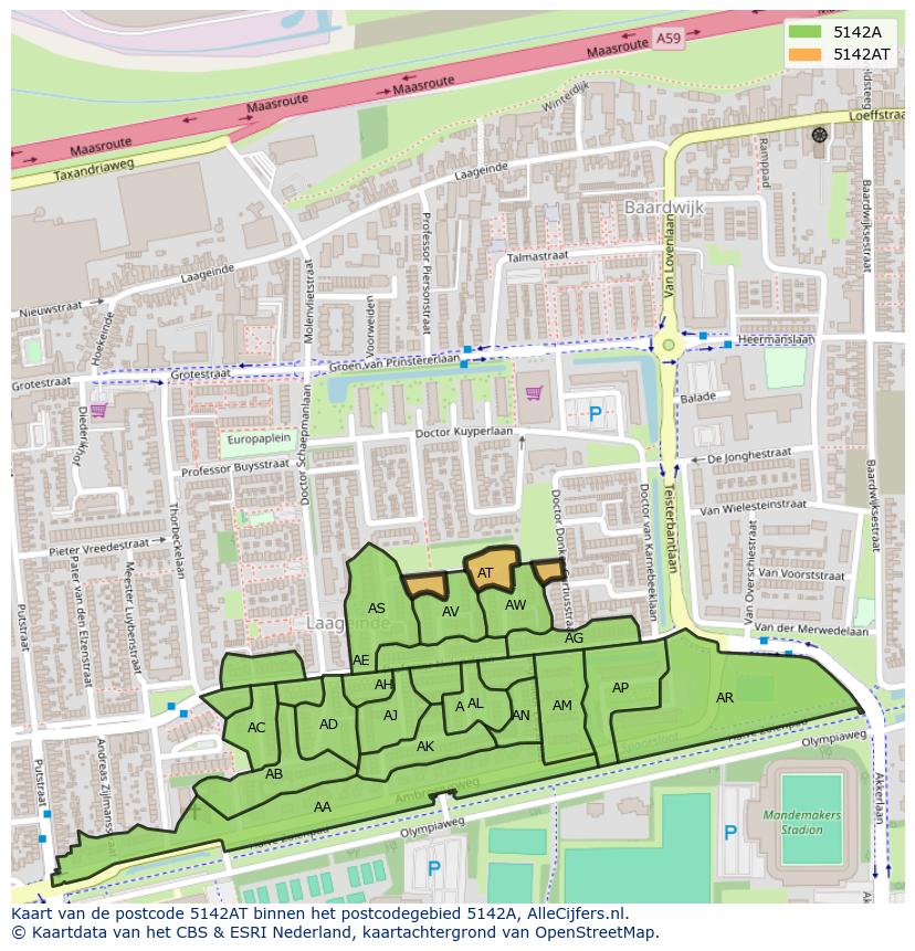 Afbeelding van het postcodegebied 5142 AT op de kaart.