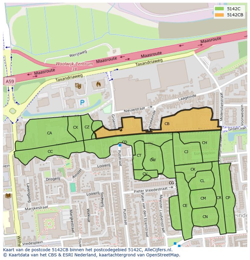 Afbeelding van het postcodegebied 5142 CB op de kaart.
