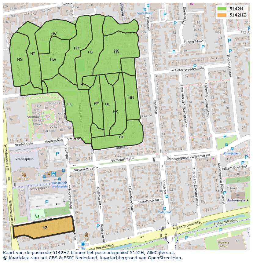 Afbeelding van het postcodegebied 5142 HZ op de kaart.