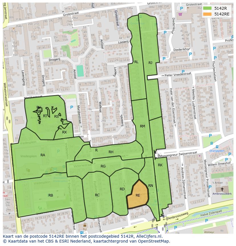 Afbeelding van het postcodegebied 5142 RE op de kaart.
