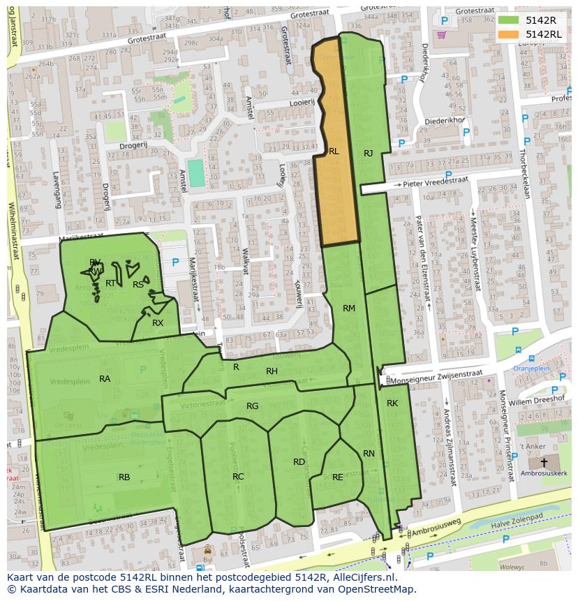 Afbeelding van het postcodegebied 5142 RL op de kaart.