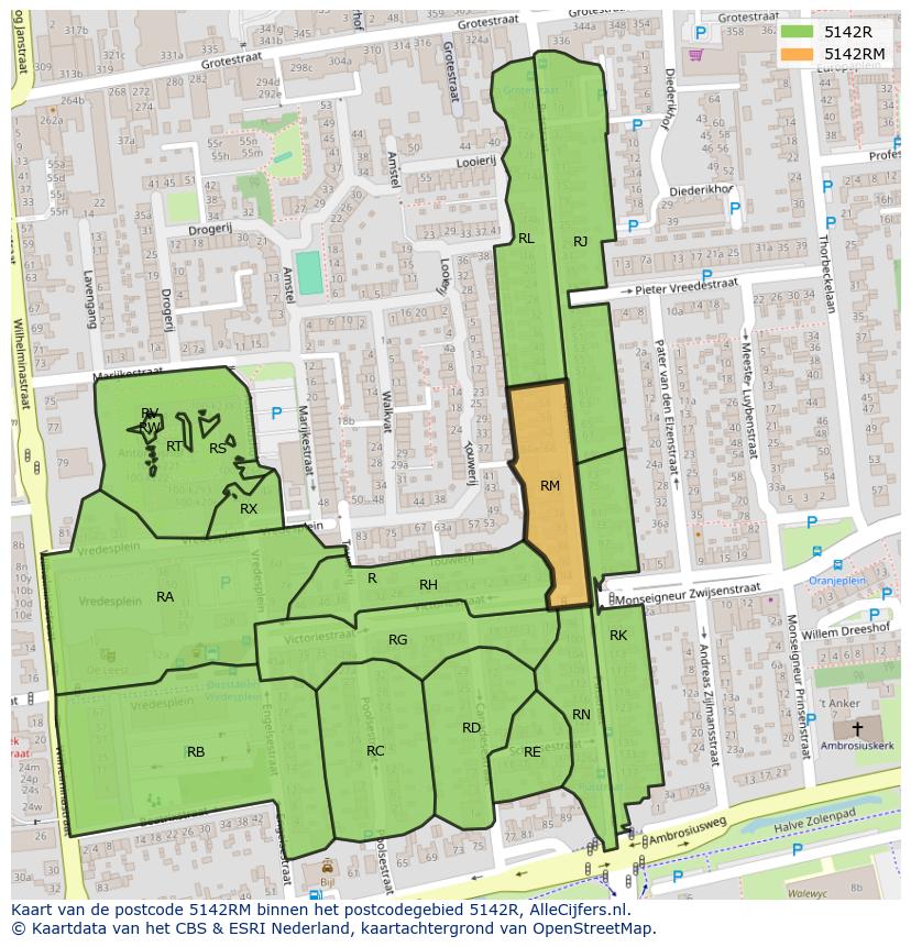 Afbeelding van het postcodegebied 5142 RM op de kaart.