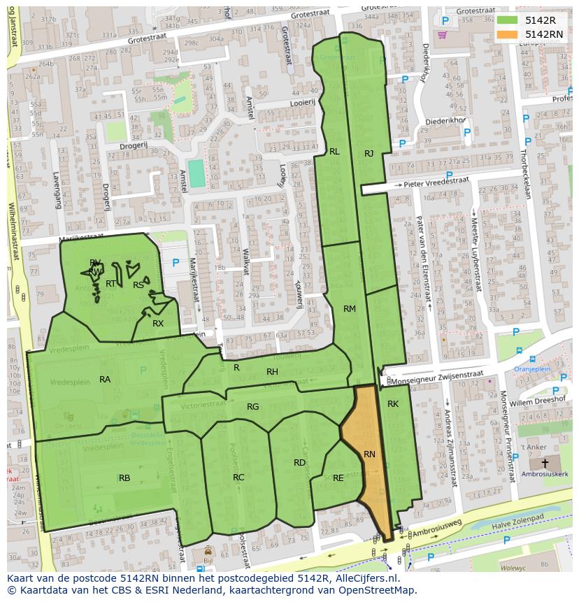 Afbeelding van het postcodegebied 5142 RN op de kaart.