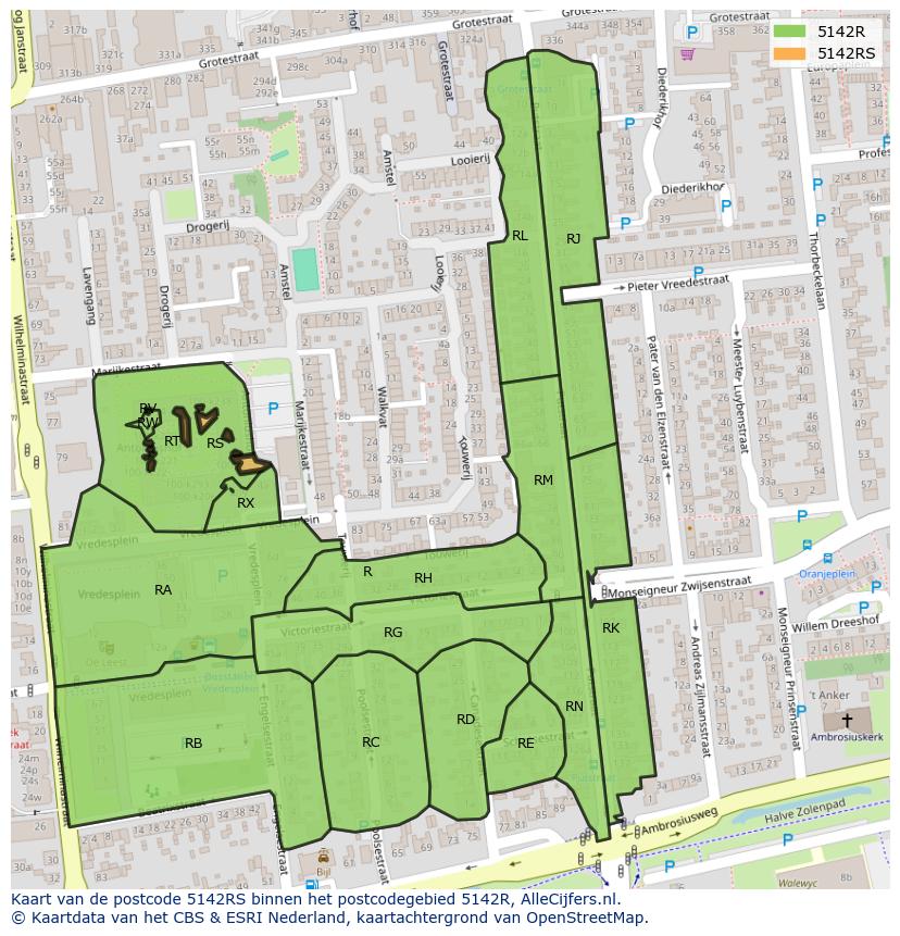 Afbeelding van het postcodegebied 5142 RS op de kaart.