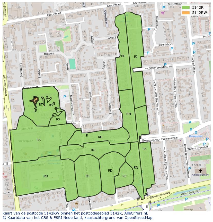 Afbeelding van het postcodegebied 5142 RW op de kaart.