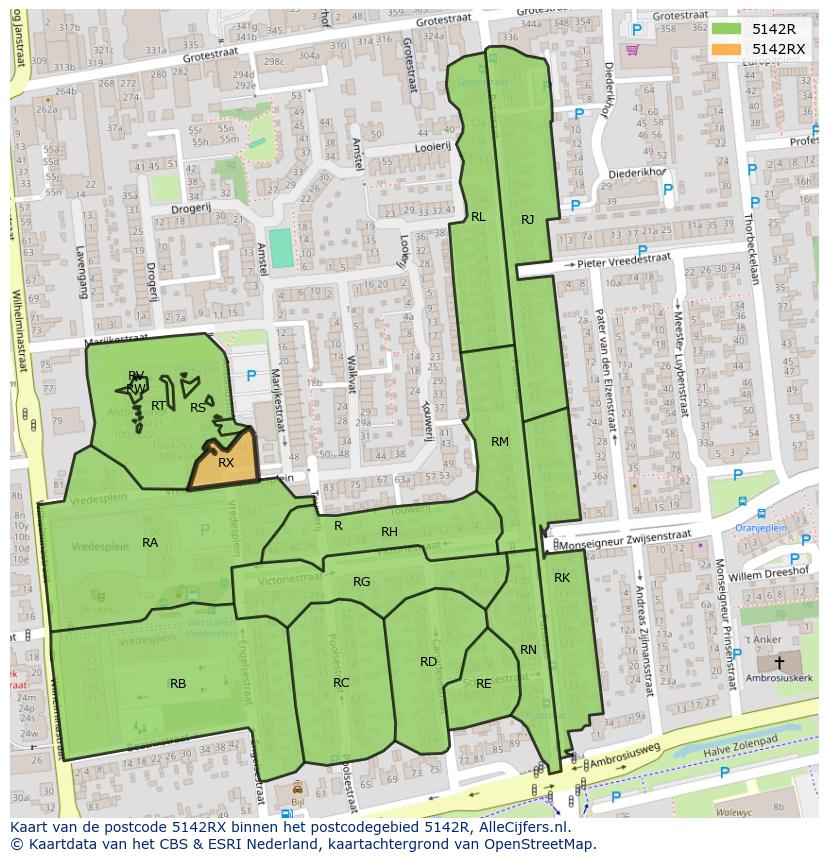 Afbeelding van het postcodegebied 5142 RX op de kaart.