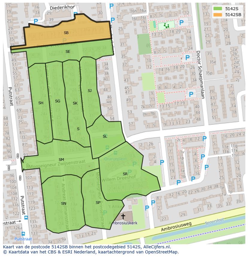 Afbeelding van het postcodegebied 5142 SB op de kaart.