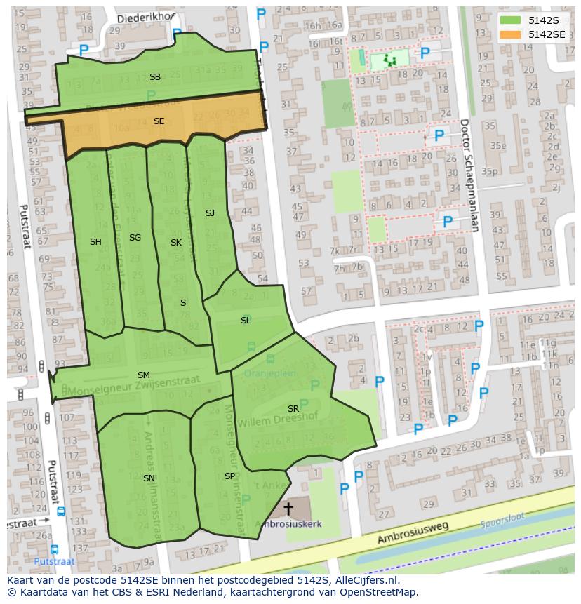 Afbeelding van het postcodegebied 5142 SE op de kaart.
