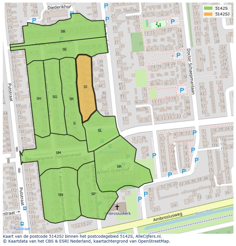 Afbeelding van het postcodegebied 5142 SJ op de kaart.