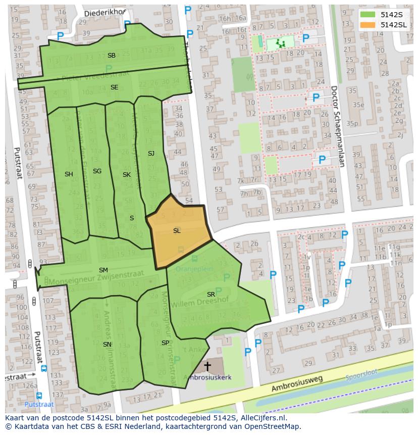 Afbeelding van het postcodegebied 5142 SL op de kaart.