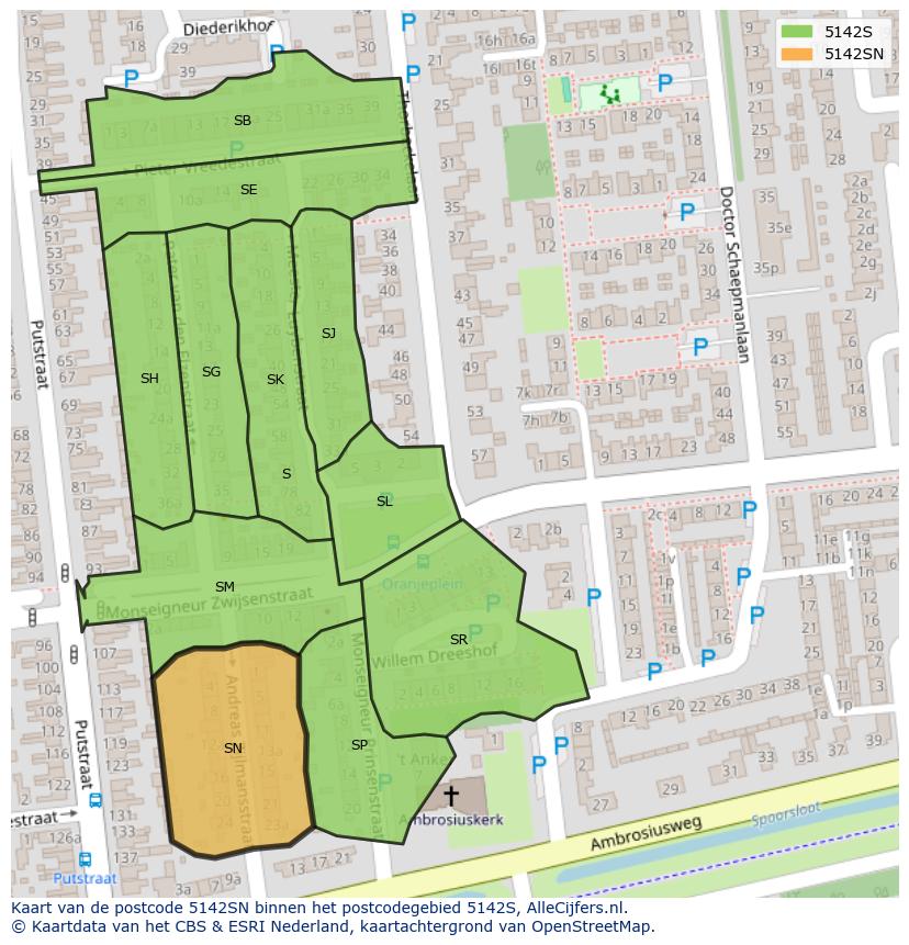 Afbeelding van het postcodegebied 5142 SN op de kaart.