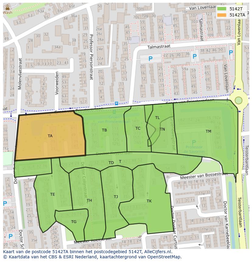 Afbeelding van het postcodegebied 5142 TA op de kaart.