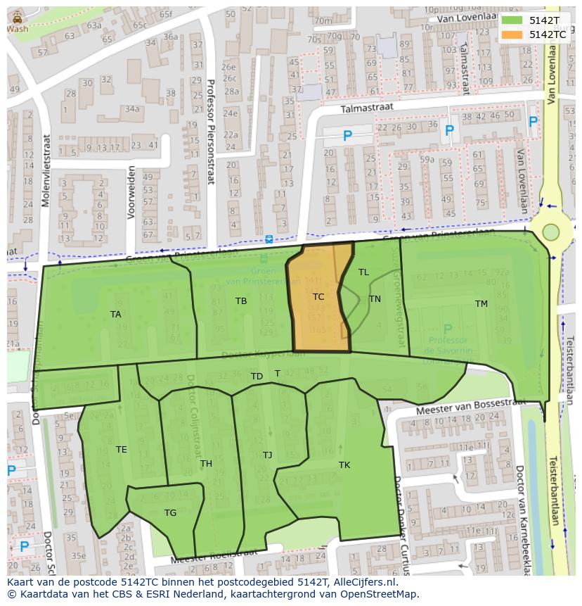 Afbeelding van het postcodegebied 5142 TC op de kaart.