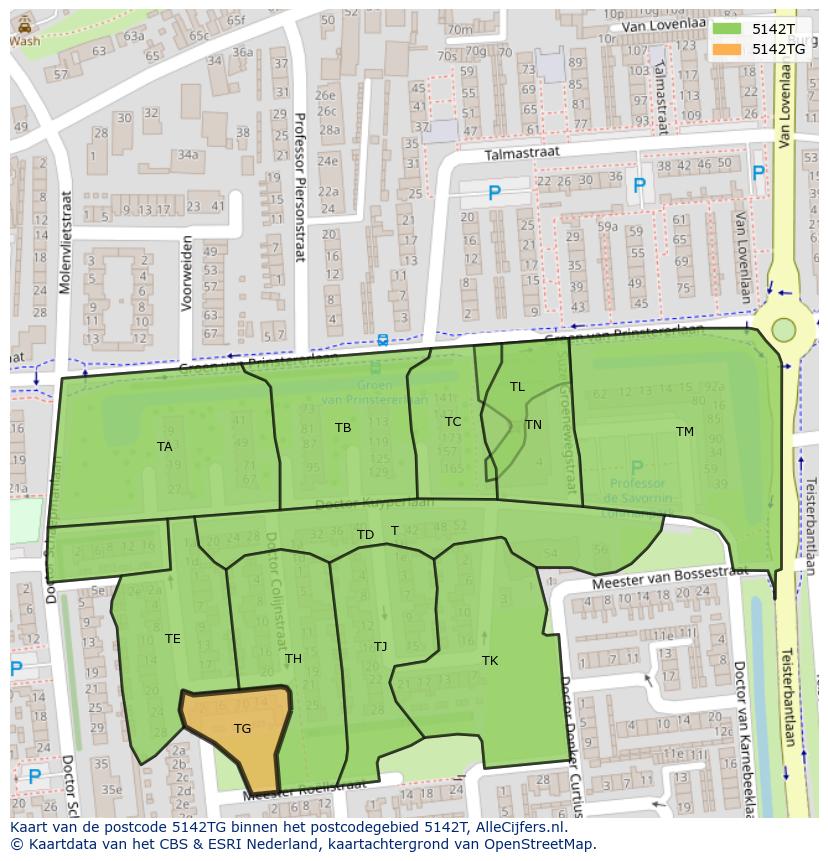 Afbeelding van het postcodegebied 5142 TG op de kaart.