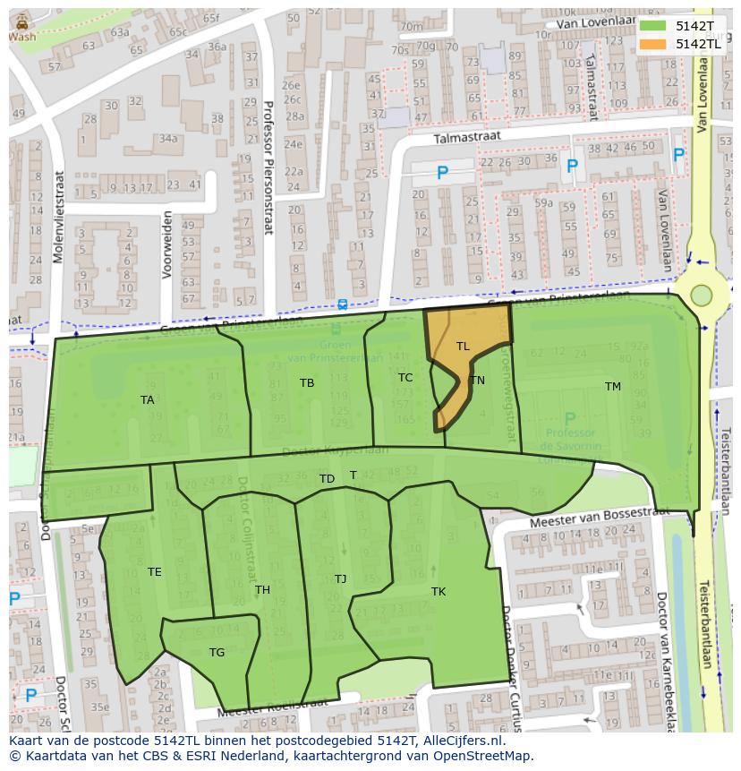 Afbeelding van het postcodegebied 5142 TL op de kaart.