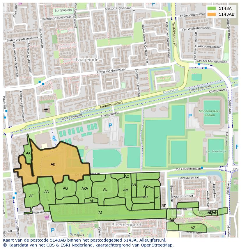 Afbeelding van het postcodegebied 5143 AB op de kaart.