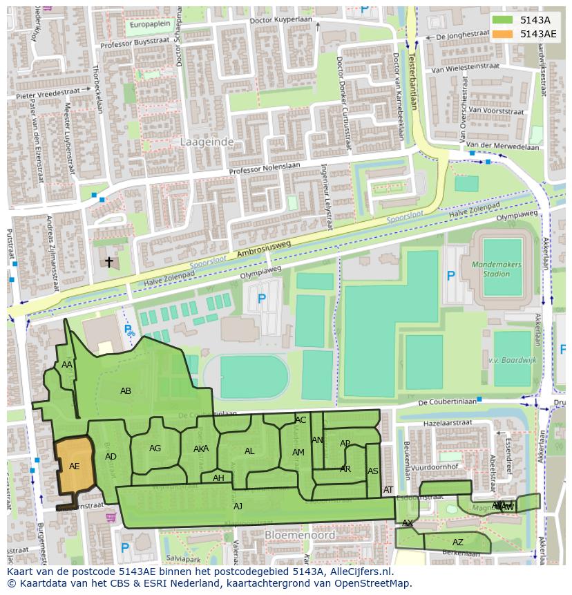 Afbeelding van het postcodegebied 5143 AE op de kaart.