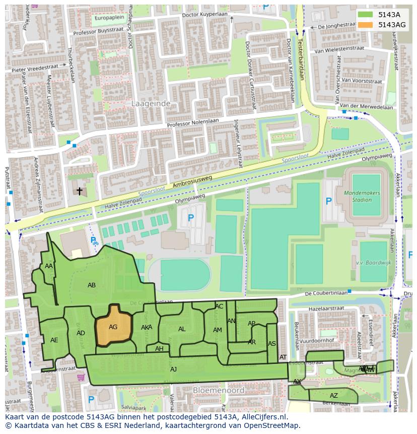 Afbeelding van het postcodegebied 5143 AG op de kaart.