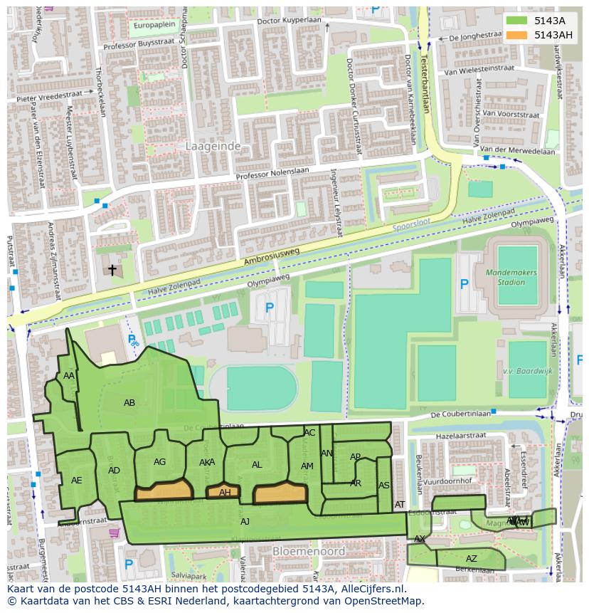 Afbeelding van het postcodegebied 5143 AH op de kaart.