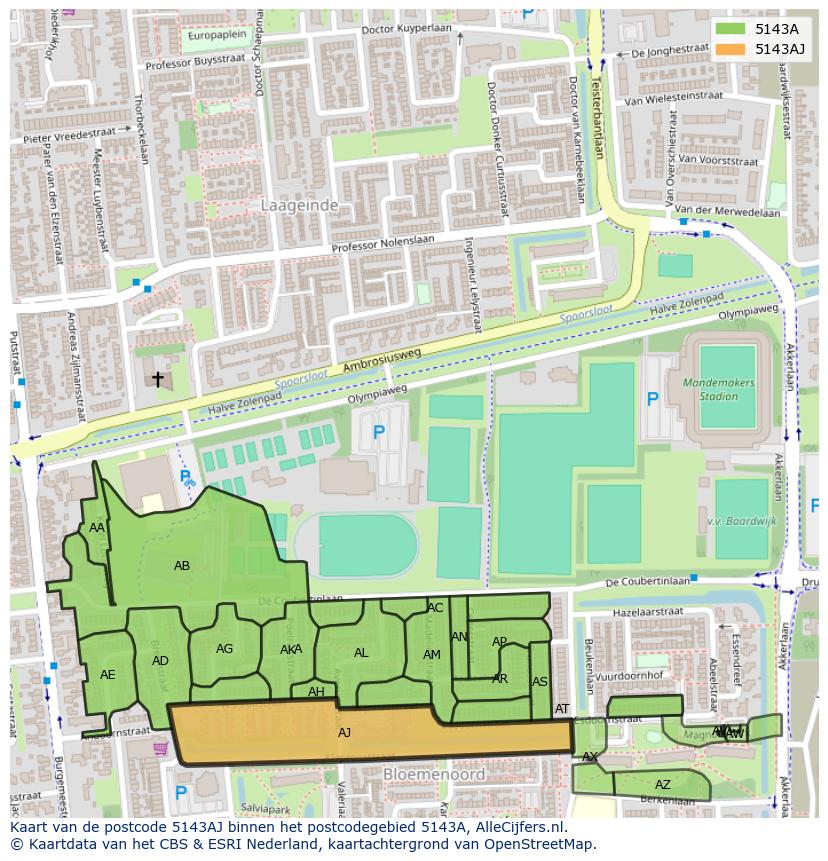 Afbeelding van het postcodegebied 5143 AJ op de kaart.
