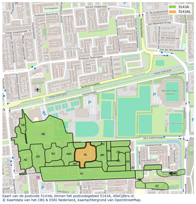 Afbeelding van het postcodegebied 5143 AL op de kaart.