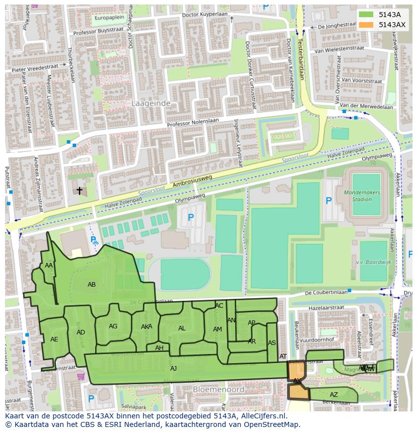 Afbeelding van het postcodegebied 5143 AX op de kaart.