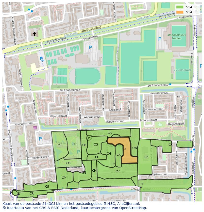 Afbeelding van het postcodegebied 5143 CJ op de kaart.