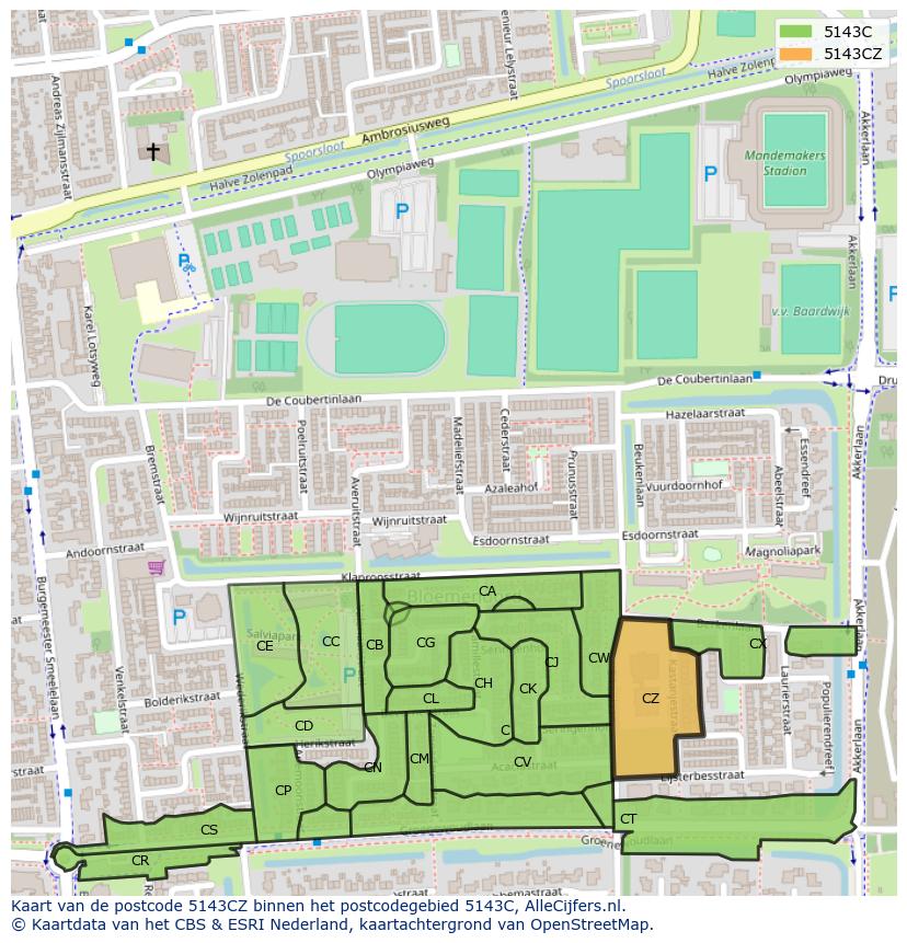 Afbeelding van het postcodegebied 5143 CZ op de kaart.