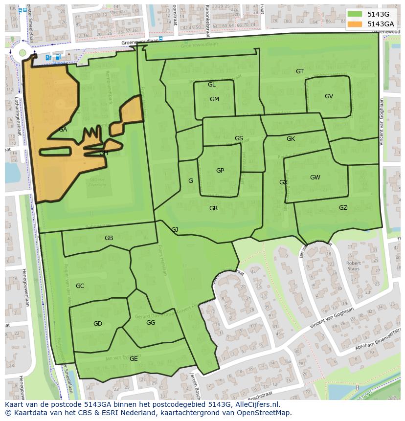 Afbeelding van het postcodegebied 5143 GA op de kaart.
