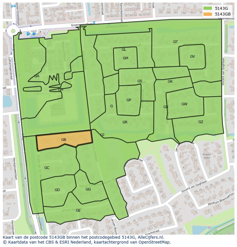Afbeelding van het postcodegebied 5143 GB op de kaart.