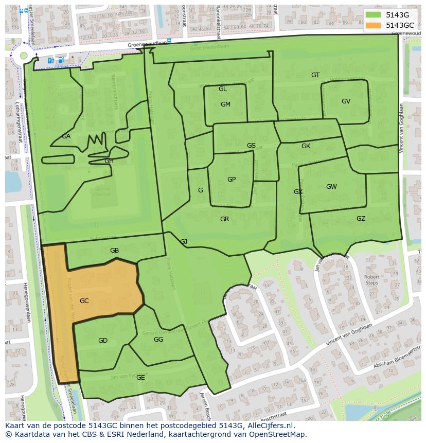 Afbeelding van het postcodegebied 5143 GC op de kaart.