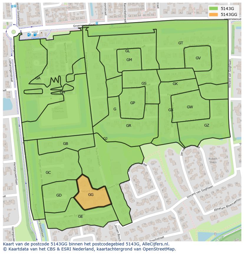 Afbeelding van het postcodegebied 5143 GG op de kaart.