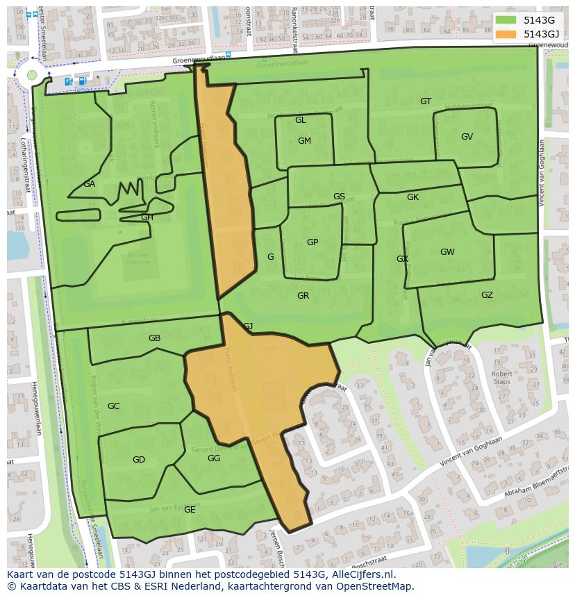 Afbeelding van het postcodegebied 5143 GJ op de kaart.
