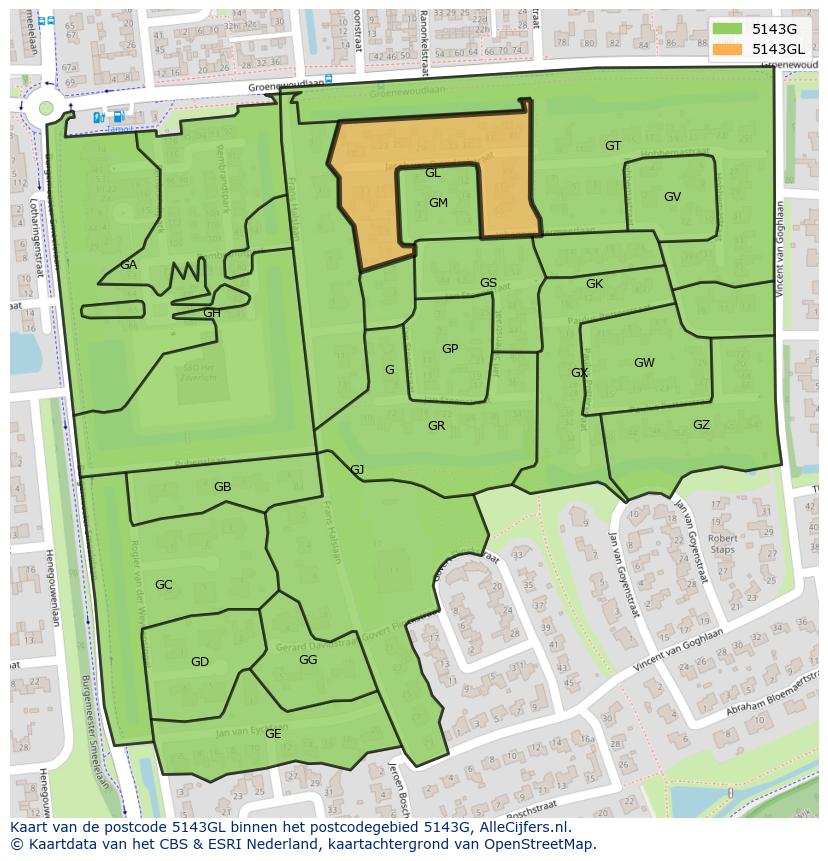 Afbeelding van het postcodegebied 5143 GL op de kaart.