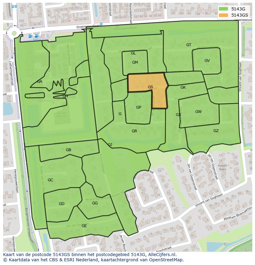 Afbeelding van het postcodegebied 5143 GS op de kaart.