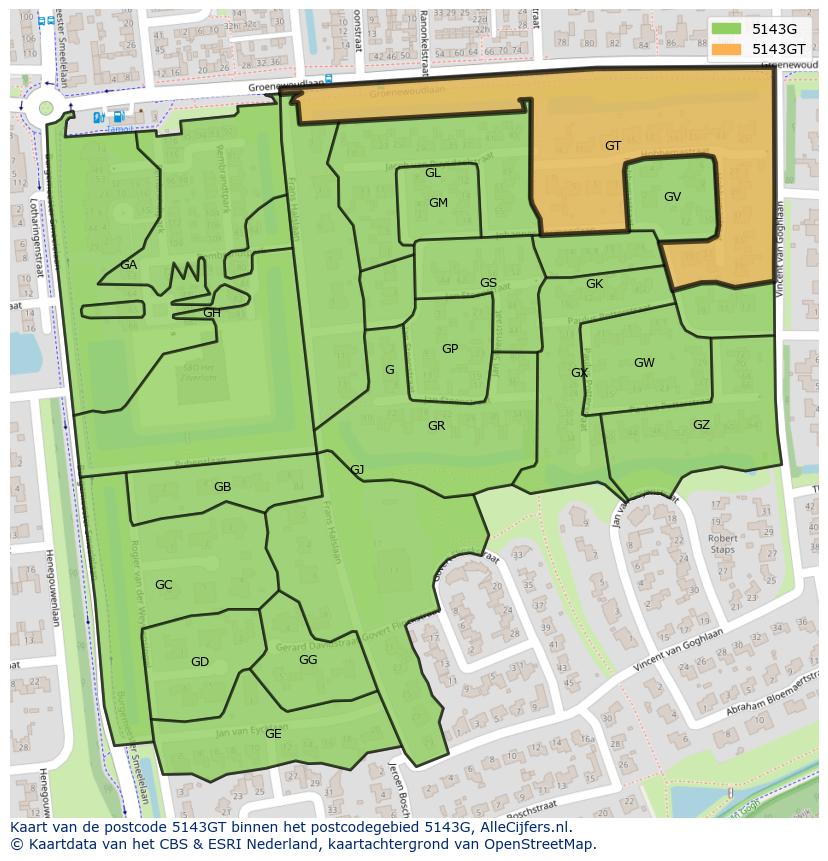 Afbeelding van het postcodegebied 5143 GT op de kaart.