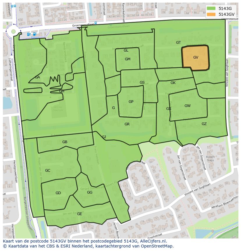 Afbeelding van het postcodegebied 5143 GV op de kaart.