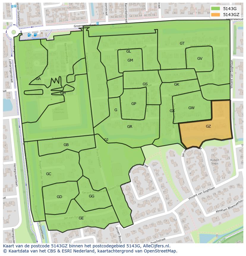 Afbeelding van het postcodegebied 5143 GZ op de kaart.